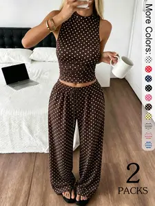 2 Pack Women's Polka Dot High Neck Tank Top & Wide Leg Pants Set, Casual 2 Piece Loungewear Outfits, Trendy Streetwear with Paisley Print Vibe, Perfect for Lounging & Daily Wear
