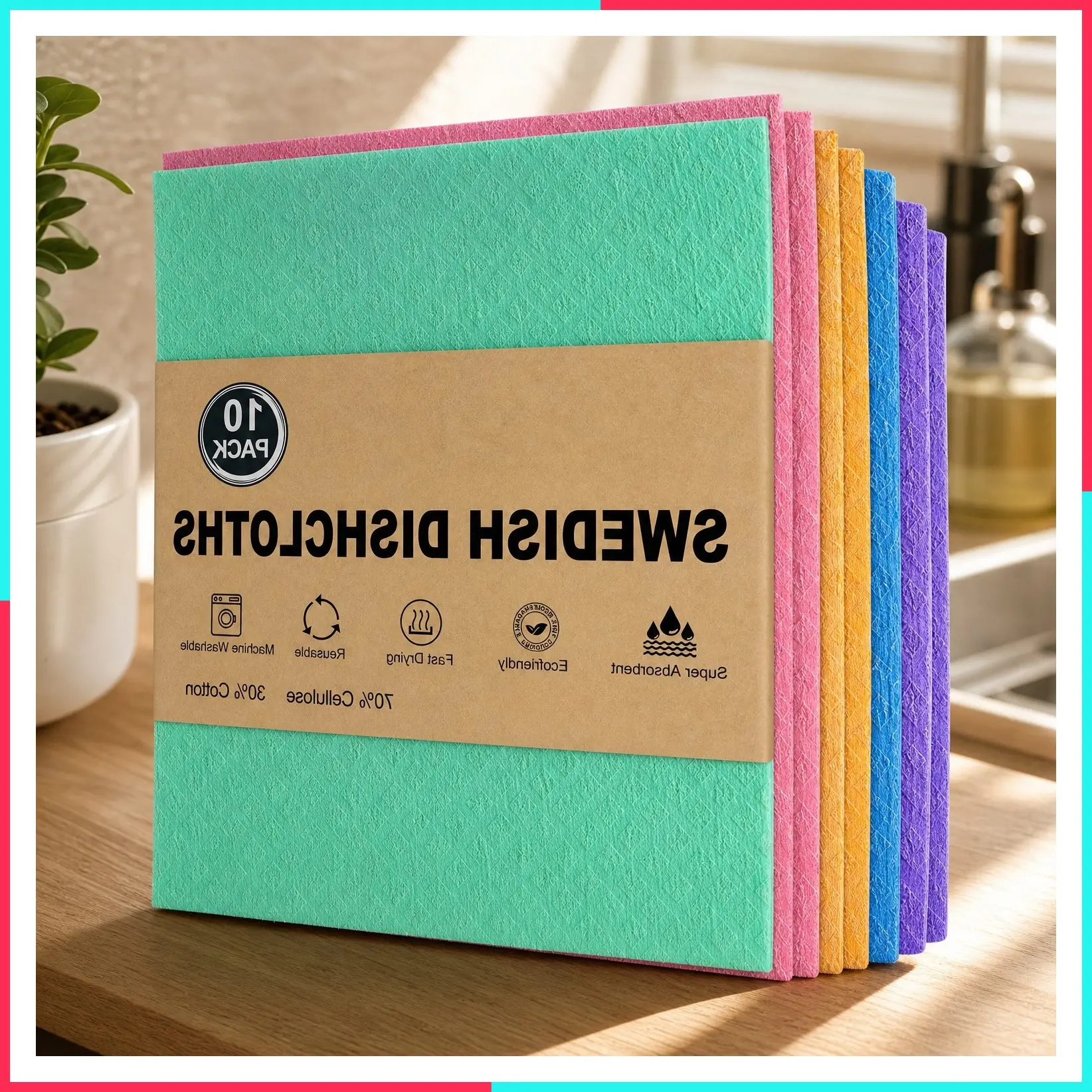 Swedish Dishcloths for Kitchen, 10 Pack, Assorted Colors | Reusable Washable Paper Towels, Non-Scratch Cellulose Sponge Cloths, Absorbent Dish Rags, No Odor, 7.7” x 6.9”