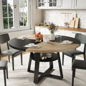 Farmhouse Round Dining Table for 4-6 – 47.2 Inch Pedestal Table with Storage Shelf – Space-Saving Wood Kitchen & Dining Room Furniture – Perfect for Living Room and Apartment (Without Chairs)