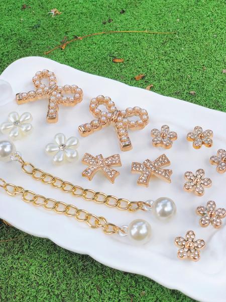 14pcs Elegant Shoe Flower Accessories with Pearl Bow, DIY Removable Shoe Charms for Sandals and Clogs, Rhinestone Shoe Decoration, Perfect Gift for Festivals