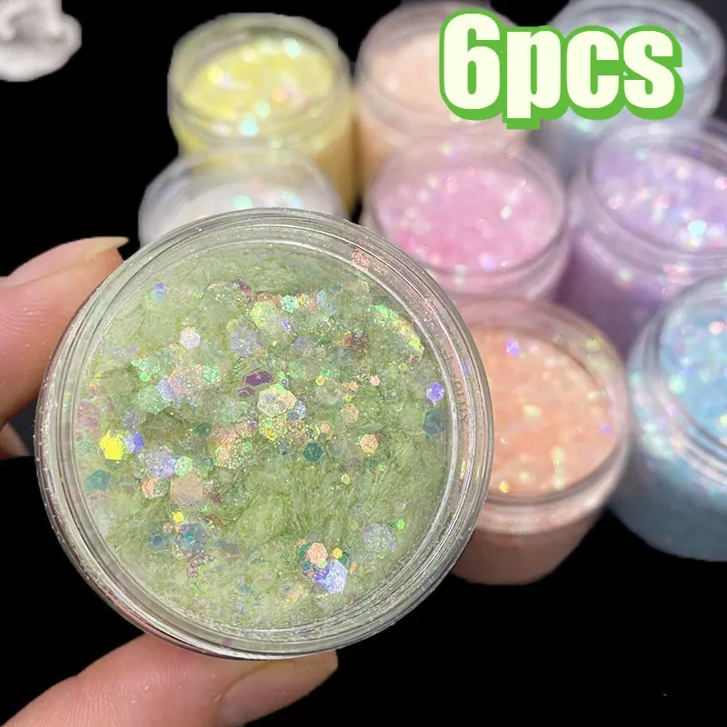 6 bottles (each bottle containing approximately 15g) of art DIY filler material, resin filler material, for professional art DIY purposes, mixed with glitter powder and nail art decorations