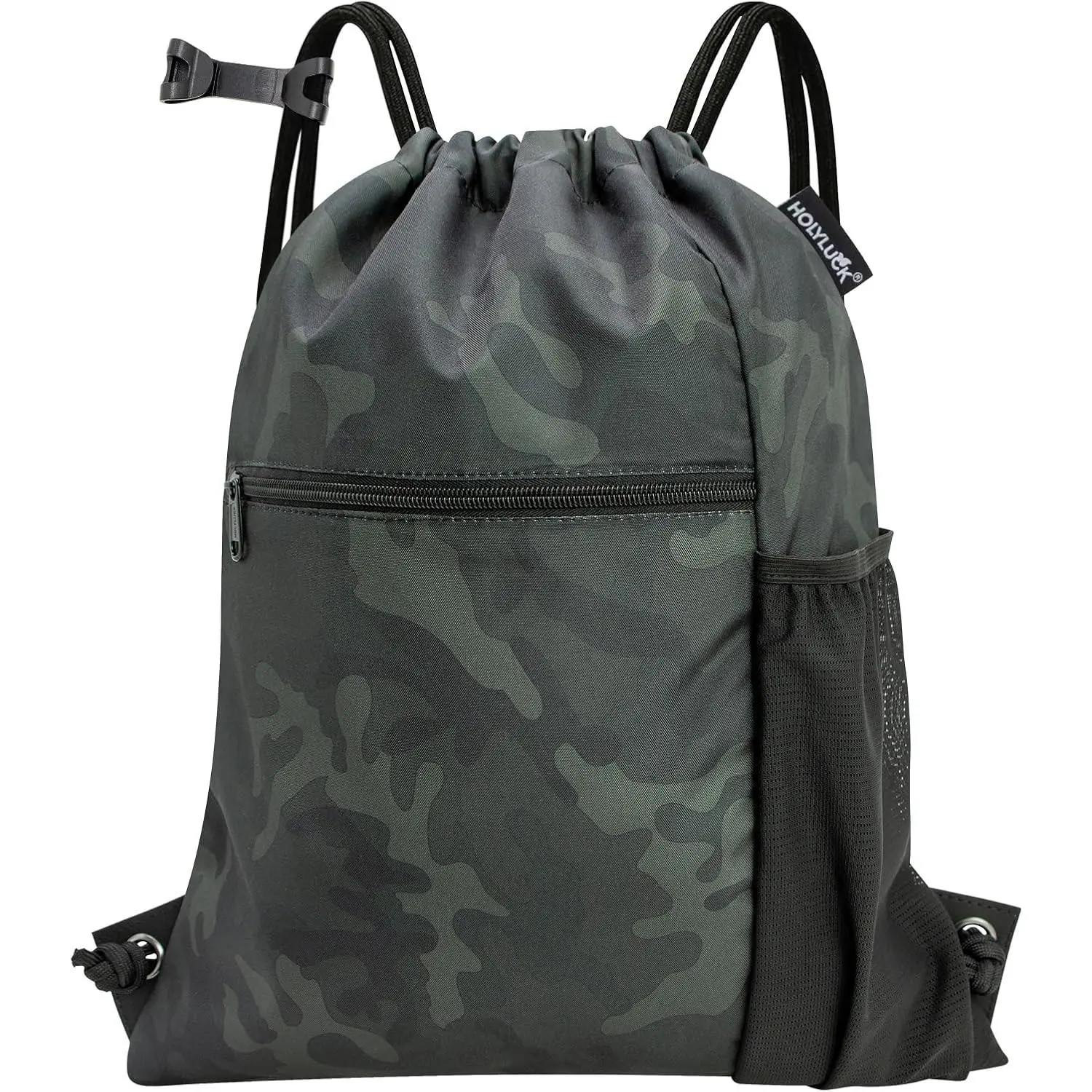 Unisex Waterproof Camouflage Drawstring Gym Sack - Active, Sporty, Workout Ready Drawstring Bags with Zipper, Standard Design, Black Camo Camping Accessory