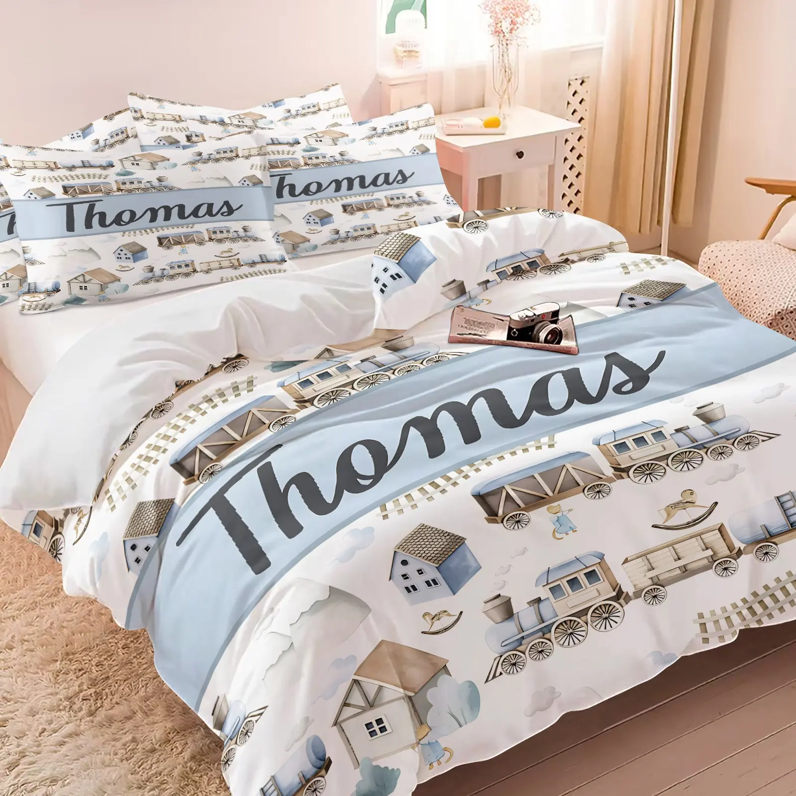 2/3Pcs Soft Custom Name Train Comforter Set Watercolor Vintage Steam Train House Mountain Print Personalized Bedding Gentle Neutral Lightweight All Season Bed Set For Toddler Boys Nursery Decor Printed Bedding Set