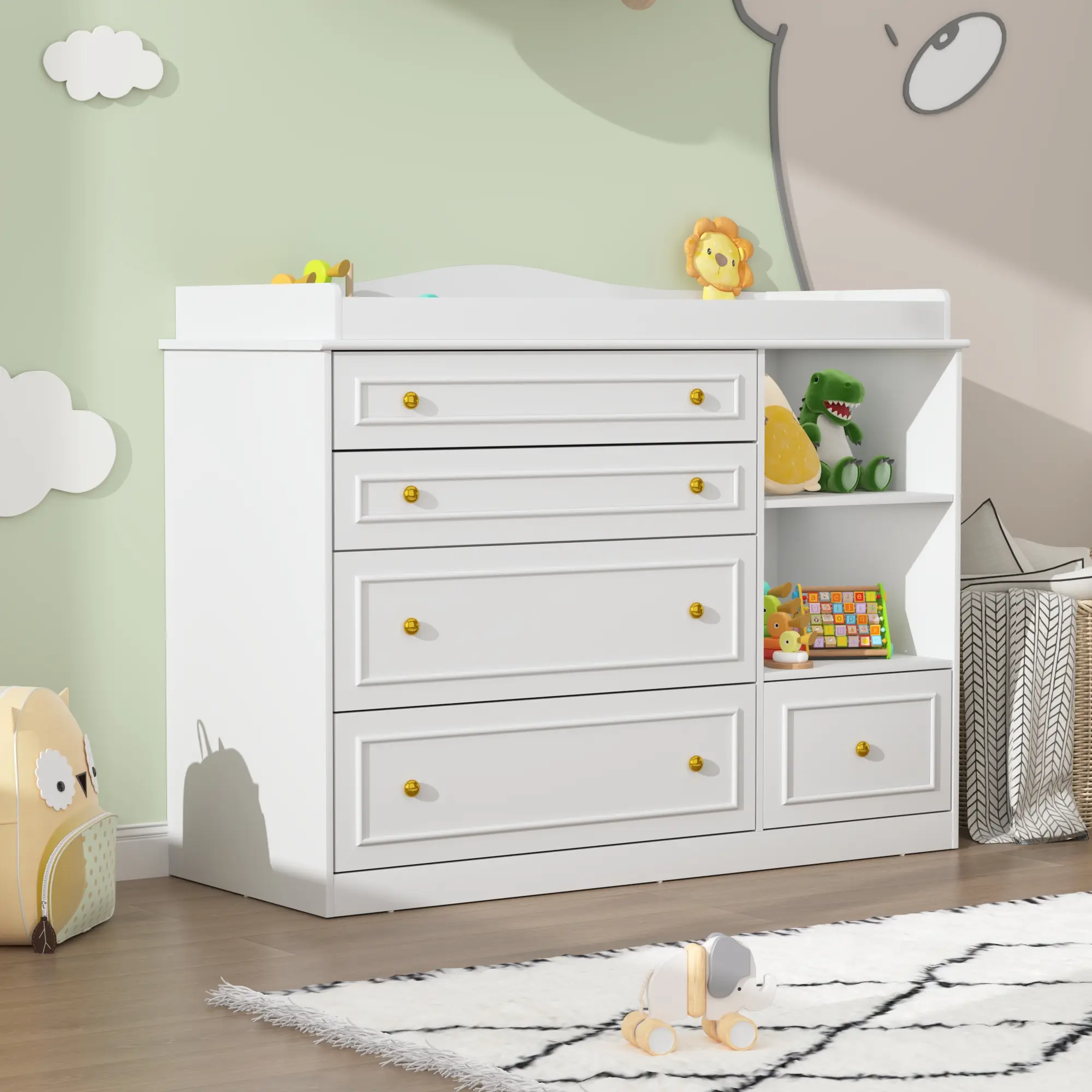 Changing Table Dresser, Baby Nursery Dresser, Baby Diaper Changing Table, 5 Drawers, Adjustable Shelves, Metal Handle, Curved Wrapping Design, White/Grey