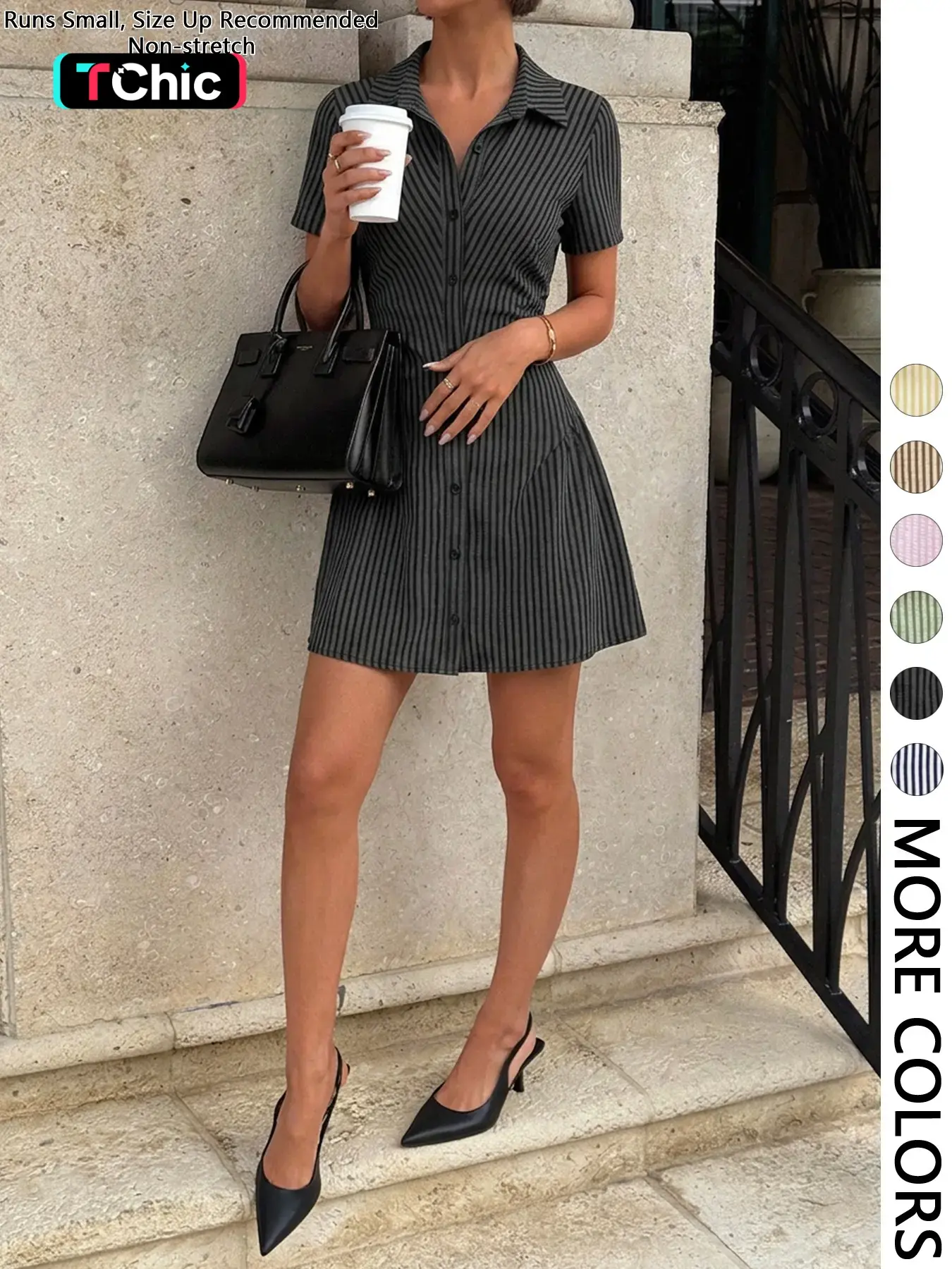 Women Vertical Stripe Short Sleeve Shirt Dress, Casual Chic Retro Ruched Waist Button Down Mini Dress, Womenswear