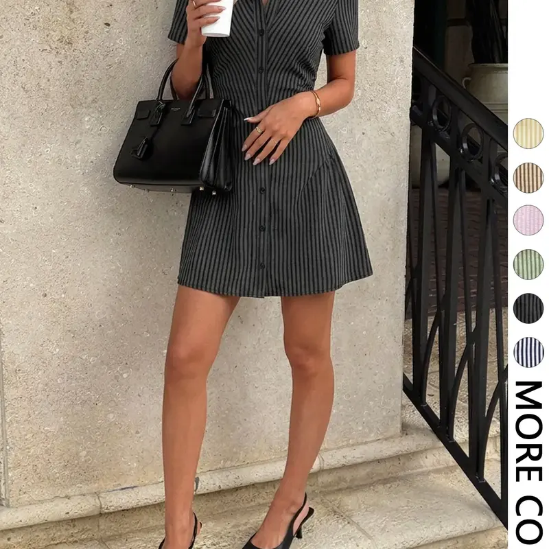 1 Piece Women Collared Short Sleeve Striped Button Down Ruched Mini Shirt Dress Casual Chic Trendy Dress No Necklace