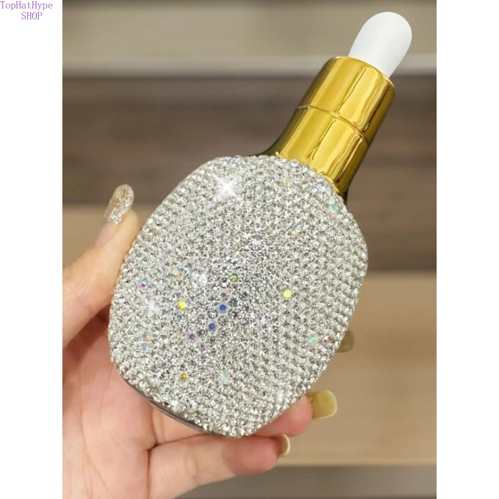 30ml Bling Rhinestone Flat Essential Oil Bottle, Luxury Thick-Glass Dropper Bottle with Rubber Bulb, Refillable Empty Container for Serum Lotion, Portable Leak-Proof Skincare Accessory for Travel Daily Use & Gifting