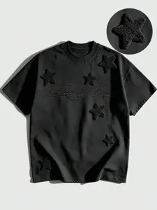 Star Embroidered Patch T-Shirt, 'god Blessed' Text Print, Streetwear Style, Unisex Short Sleeve, Y2K Fashion