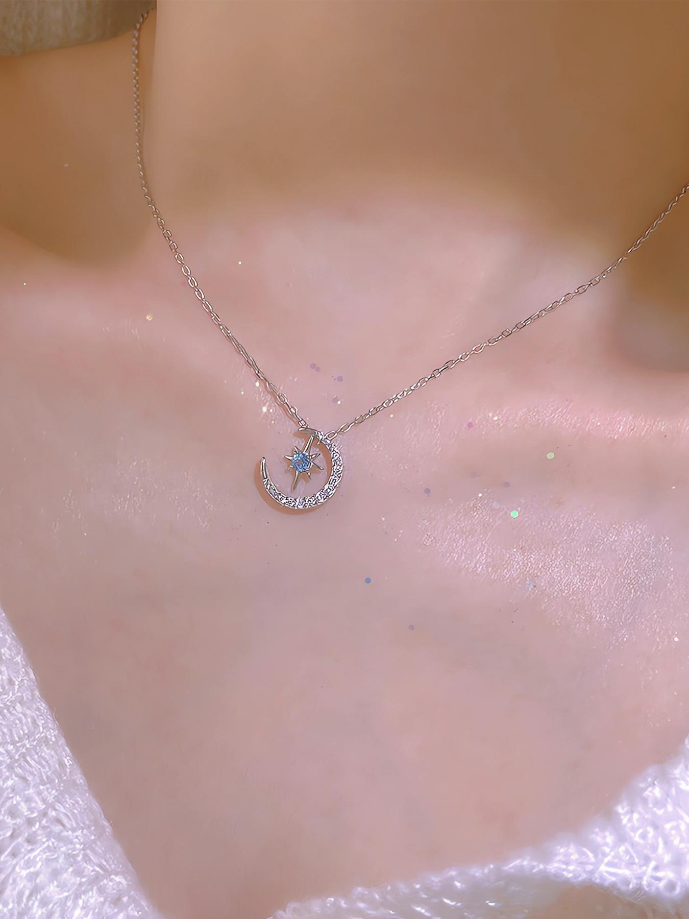 925 Sterling Silver Women's Star & Moon Design Pendant Necklace, Exquisite Trendy Pendant Necklace, Chic Jewelry As Gift for Girlfriend, High End Necklace