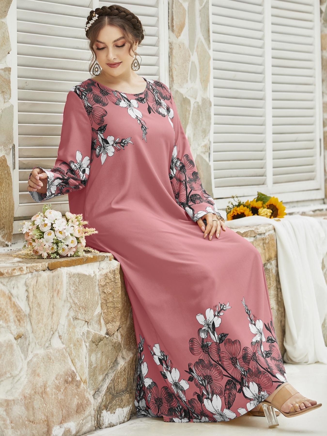 Plus Size Floral Print Long Sleeve Round Neck Tunic Dress, Casual Loose Long Dresses for Women Daily Wear, Ladies Clothes Spring Autumn Fashion