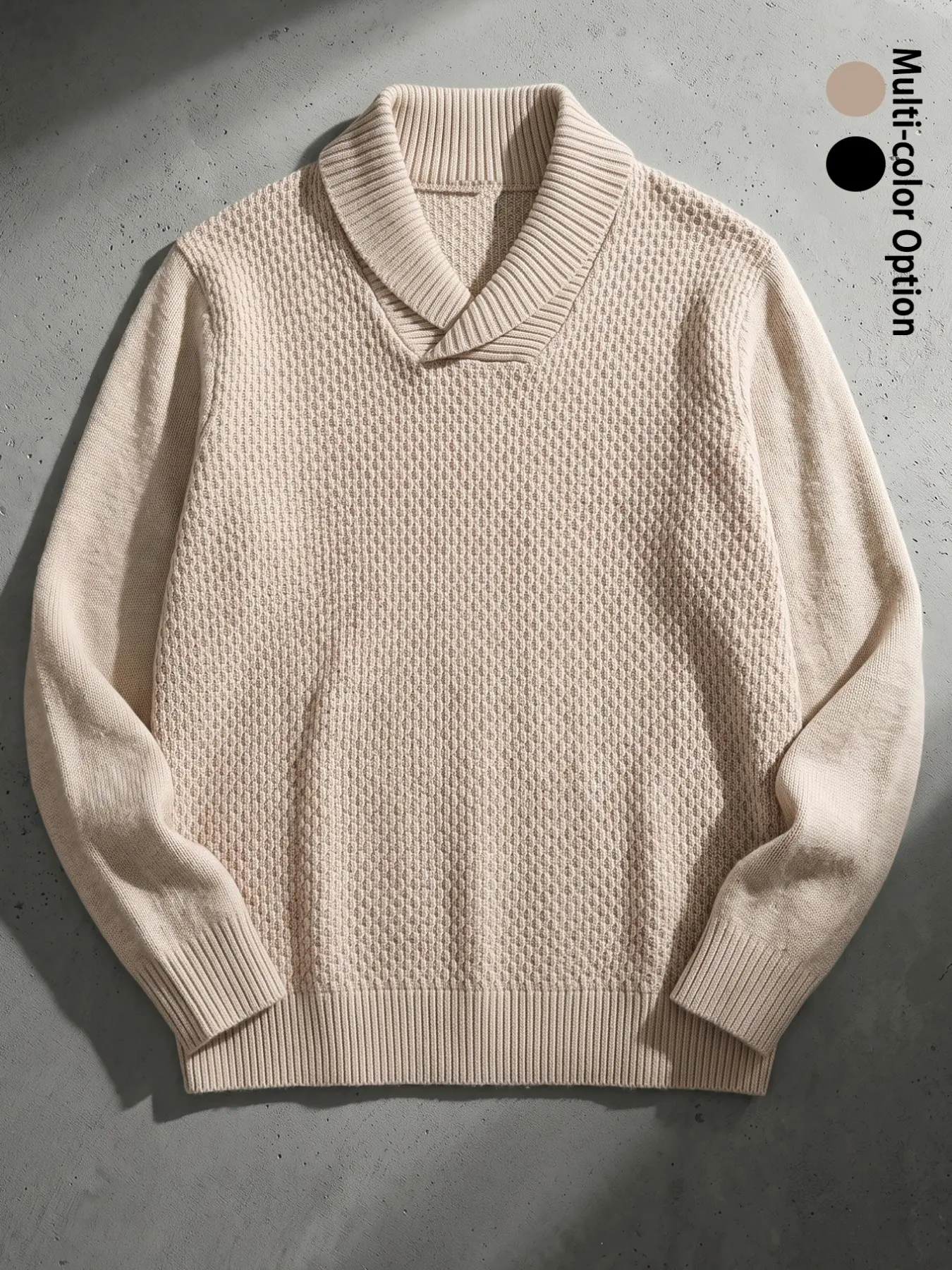 Men's Shawl Collar Waffle Knit Pullover Sweater, Long Sleeve Textured Knit Sweater with Ribbed Cuffs & Hem, Premium Fabric Old Money Quiet Luxury Warm Comfort Casual Business Sweater for Fall Winter Daily Office Dating Layering Wear, Beige black