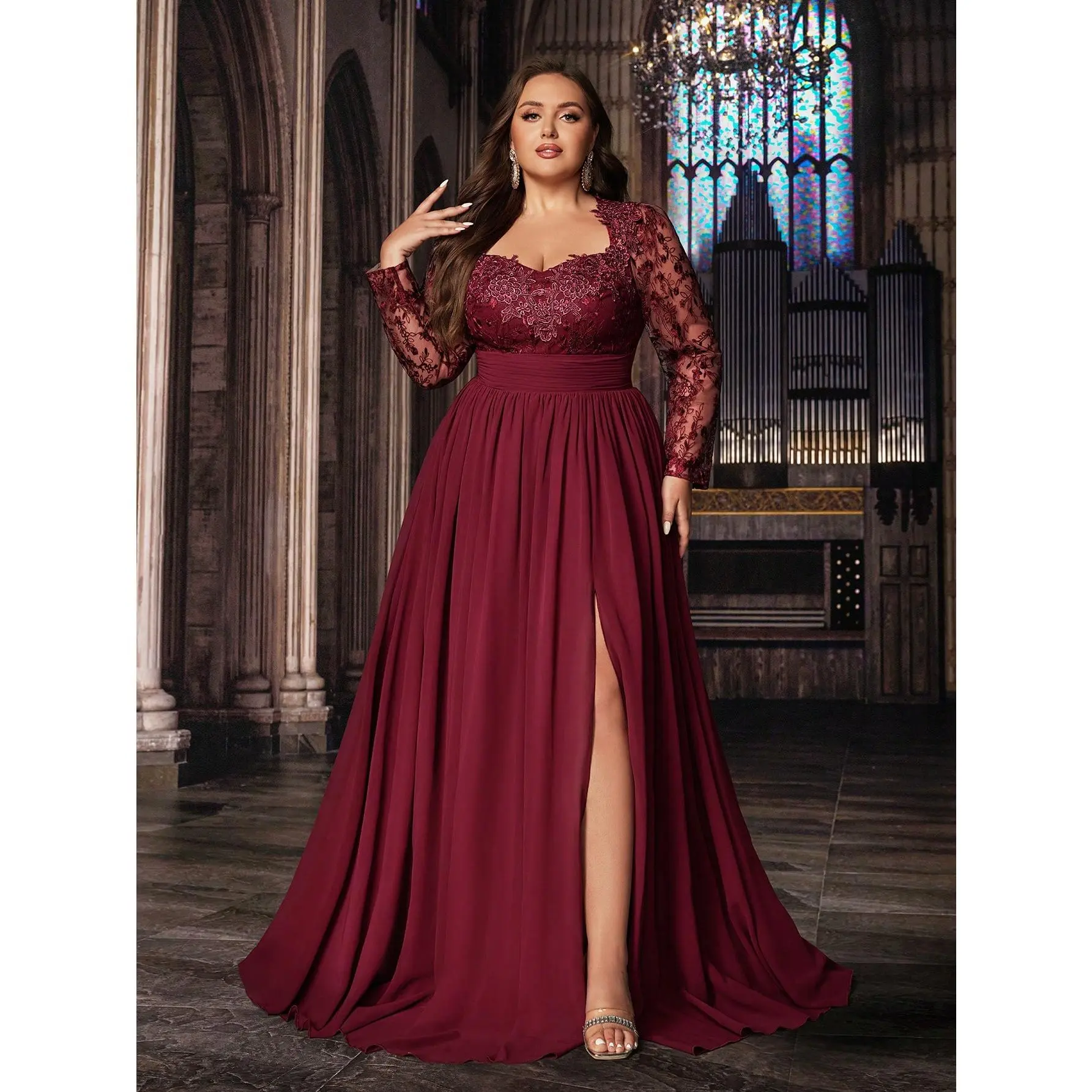 Women's Plus Size A-Line Sweetheart Neckline Gown, Wide Waist, Long Lace Sleeves, Chiffon Blend, Floor-Length High Slit Sports Dress