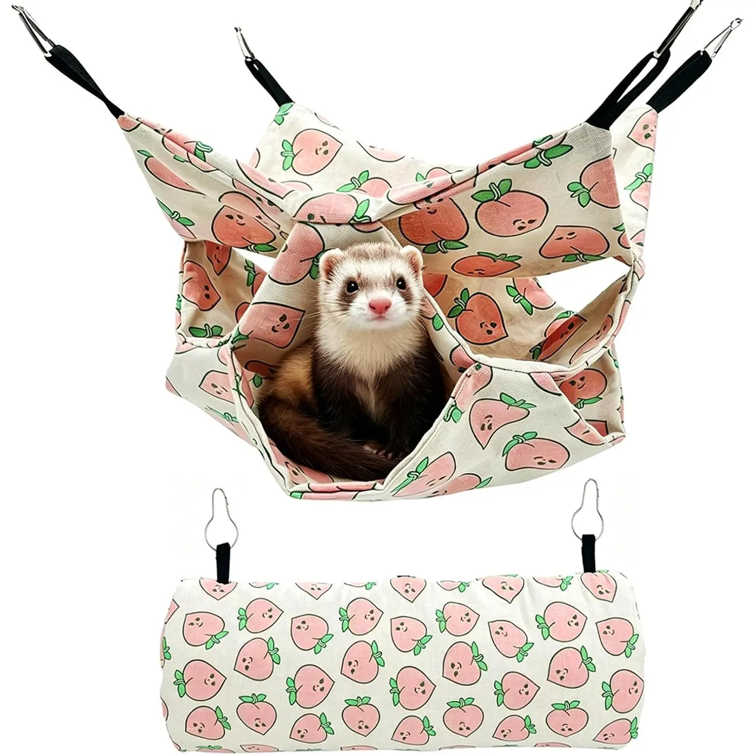 Ferret Hammock and Tunnel Set, 2-in-1  Bed and Hideout | Double-layer linen, 3-tier hammock and padded tunnel, metal hooks; for guinea pigs, rats, chinchillas and small pets