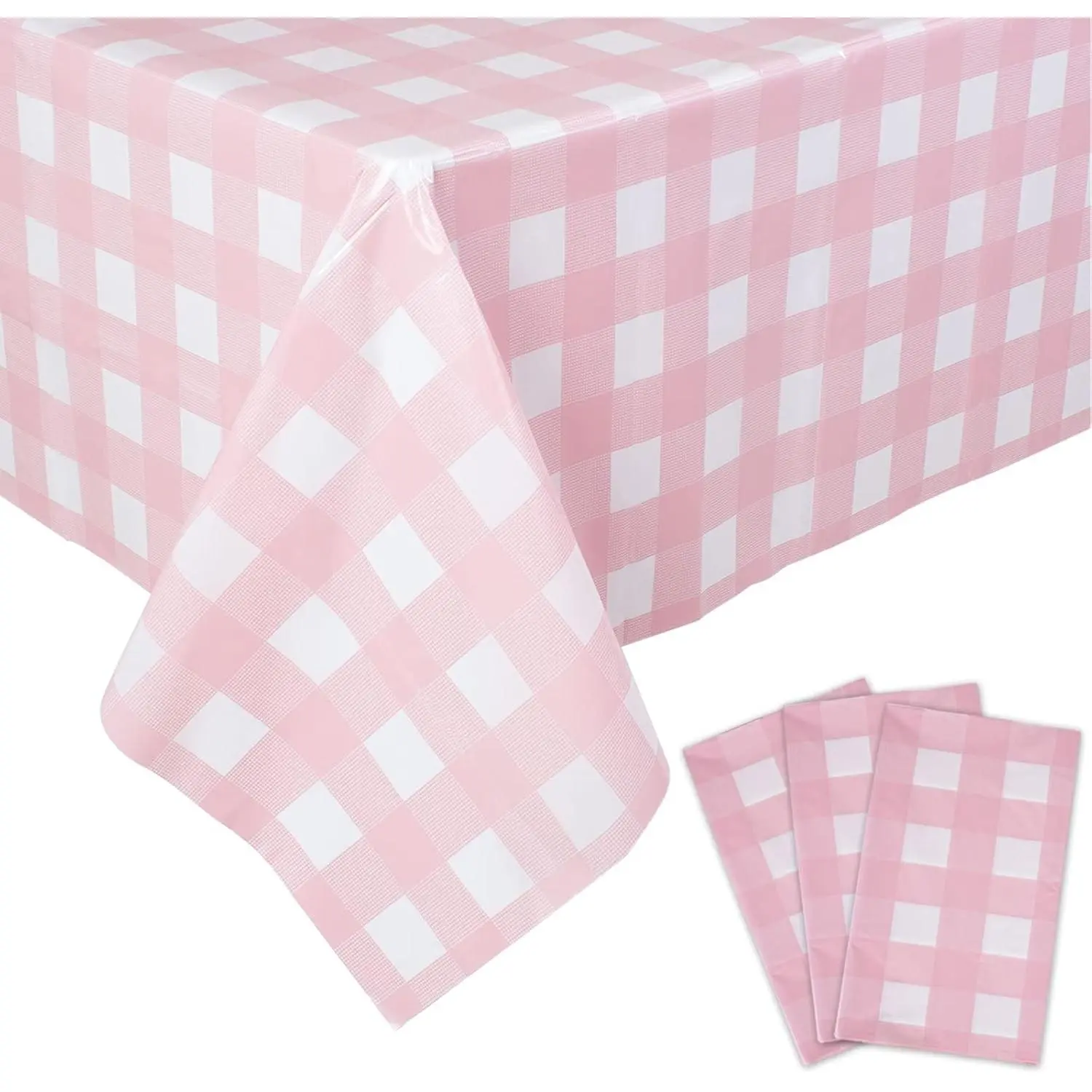 Kesfey 3 Packs Pink Gingham Tablecloth Pink and White Checkered Tablecloths 54 x 108 Inches Disposable Plastic Gingham Tablecovers Waterproof Rectangle Picnic Table Covers for Birthday Party Supplies