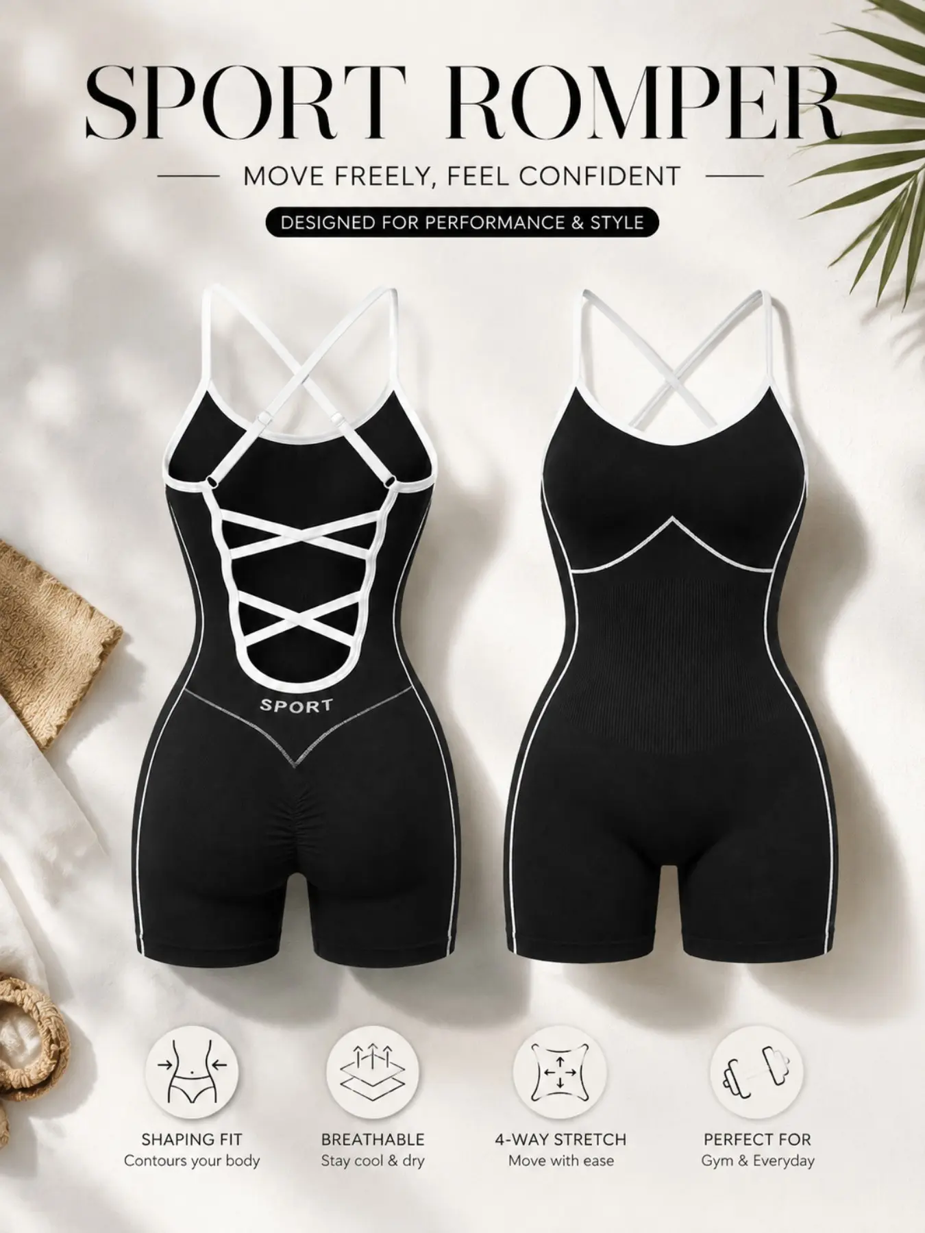 Women's Sporty Colorblock Cross Back Romper, Sexy Backless Fitness, Slim-Fitting Above Knee, Casual Outdoor Workout Wear