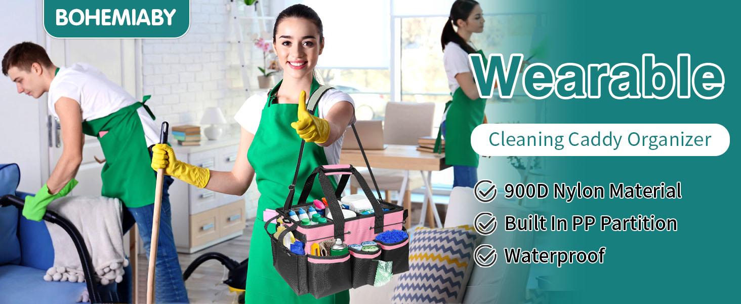Cleaning Bags for Housekeepers, Large Cleaning Supplies Organizer with Handles & Shoulder Strap, Cleaning Caddy Bag with Foldable Divider for Cleaners, Car Horse Cleaning Bag(Pink)