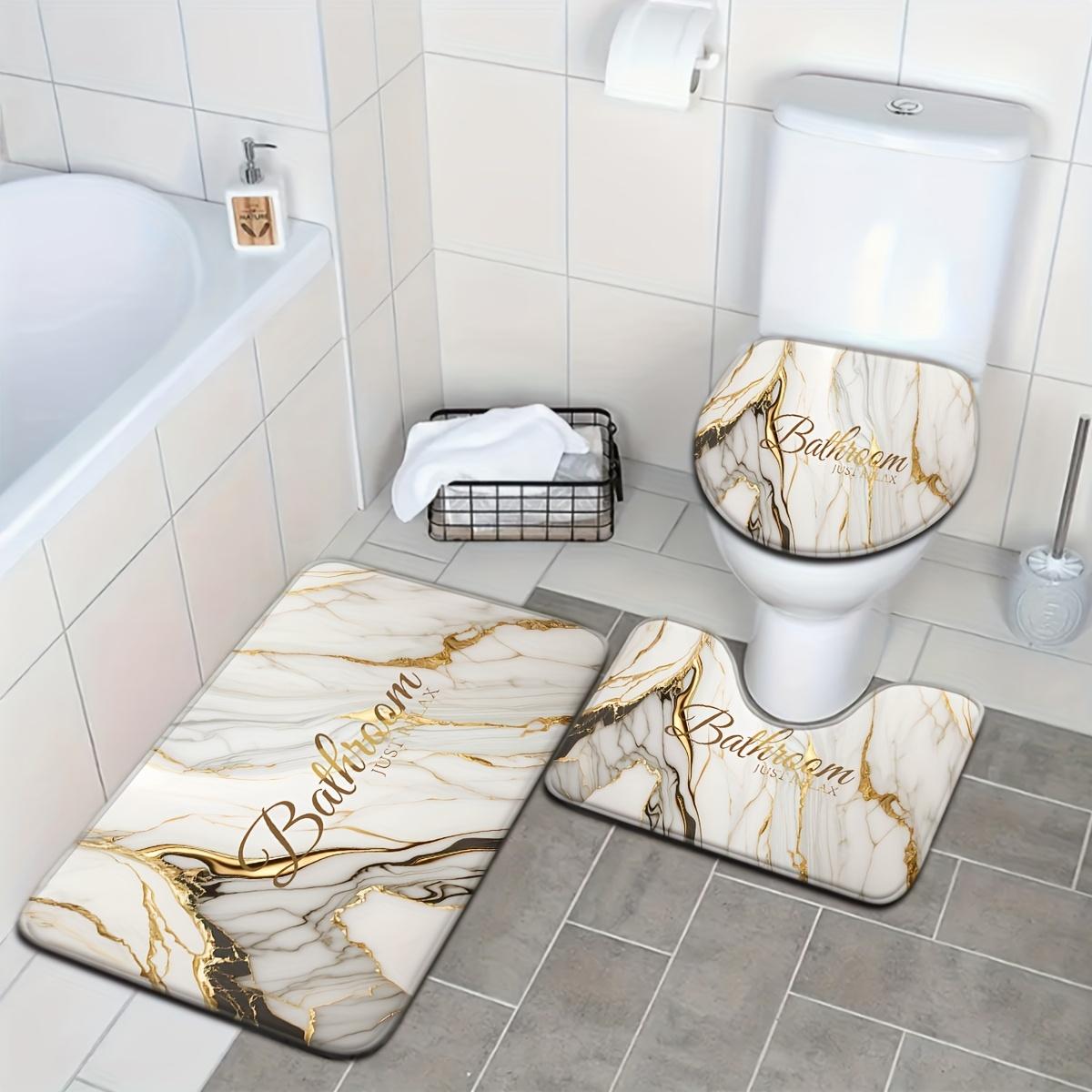 4-Piece Marble Pattern Bathroom Rug Set, Abstract Swirl Ink Fluid Art Bath Mat with "Just Relax" Print, Non-Slip Absorbent Bathroom Accessories with Toilet Lid Cover & U-Shaped Mat for Modern Bathroom Decor