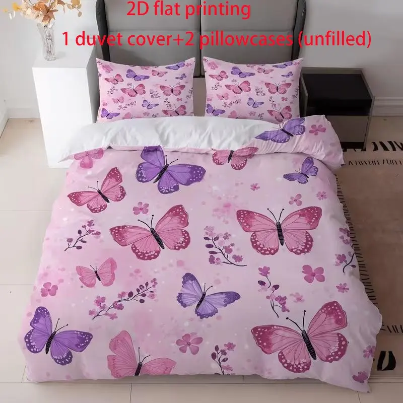 3-piece set of pink purple butterfly printed bedding, Duvet cover sets, including 1 duvet cover and 2 pillowcases (excluding pillow core), made of soft polyester fabric, suitable for all seasons, machine washable, ideal for bedroom decoration