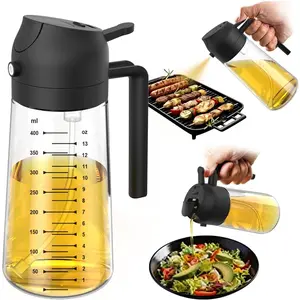 16oz/470ml Glass Olive Oil Sprayer for Cooking – 2 in 1 Olive Oil Dispenser Bottle for Kitchen Gadgets and Air Fryer Accessories, Salad, BBQ - Black