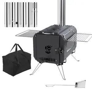 Portable Wood Burning Tent Stove with Glass Window 6 Chimney Pipes Folding Legs for Hot Tent Camping Ice Fishing Hiking Outdoor Cooking Heater