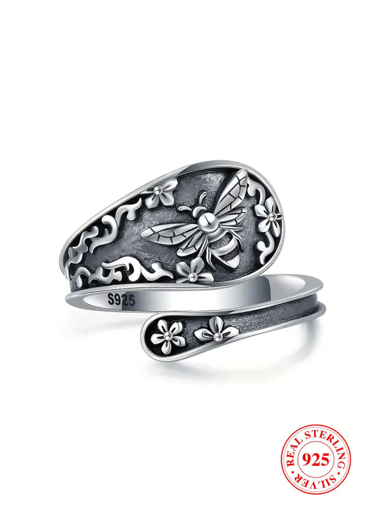 925 Sterling Silver Vintage Bee Design Cuff Ring, 2024 New Style Adjustable Ring for Women & Men, Fashion Jewelry Accessories for Daily Wear