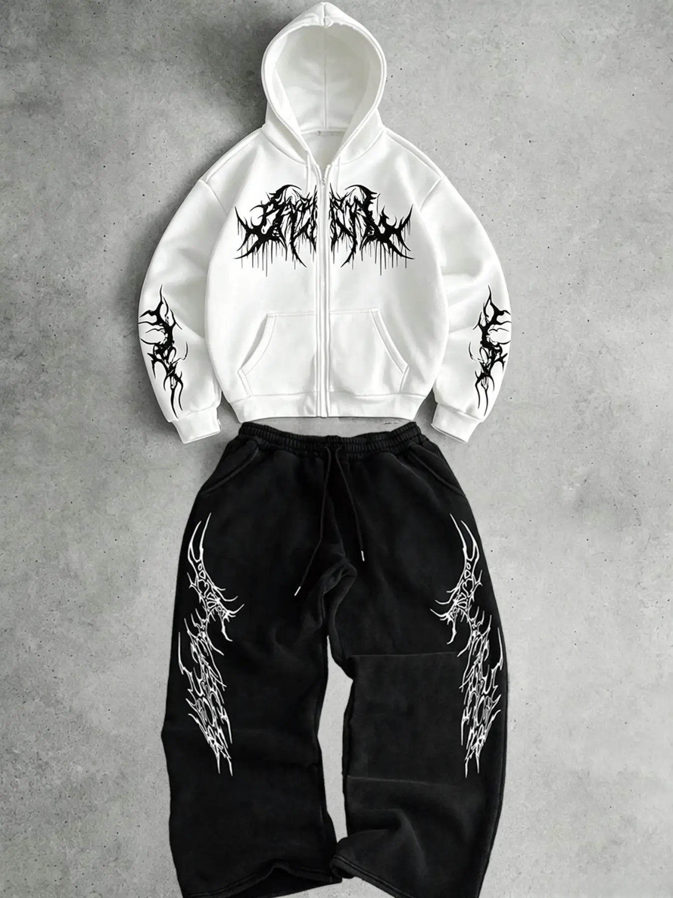Dark Thorn Totem Zip Hoodie Set, Spring Casual Fitted Sweatshirt & Pants, Trendy Unisex Clothing