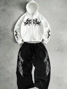 Dark Thorn Totem Zip Hoodie Set, Spring Casual Fitted Sweatshirt & Pants, Trendy Unisex Clothing