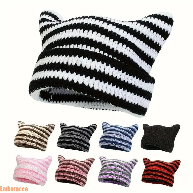 Unisex Handmade Crochet Devil Cat Ear Beanie, Y2K Streetwear Knit Cap, Soft Washable Acrylic Animal Ear Hat, Multi-Color Options for Daily Casual, Outdoor Walking, Skate Street Outfits, Gender Neutral Warm Fashion Headwear for All Seasons