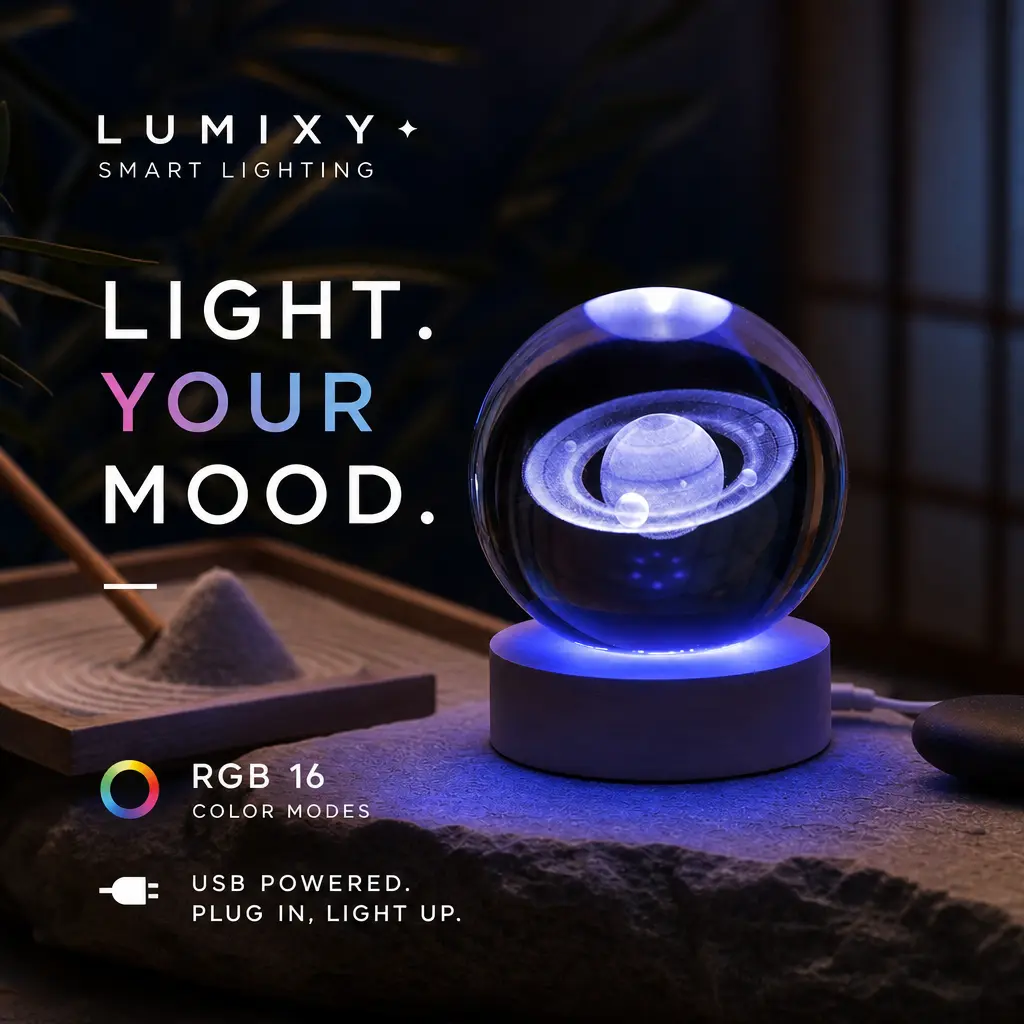 3D Saturn Galaxy Crystal Ball Night Light - Warm Glow LED Wooden Base, Laser Engraved Planet Table Lamp, Quiet Ambient Glow Self Care Product for Meditation, Stress Relief, LED Lights Bedroom Birthday Gift, Self Care Products, Led Lamp