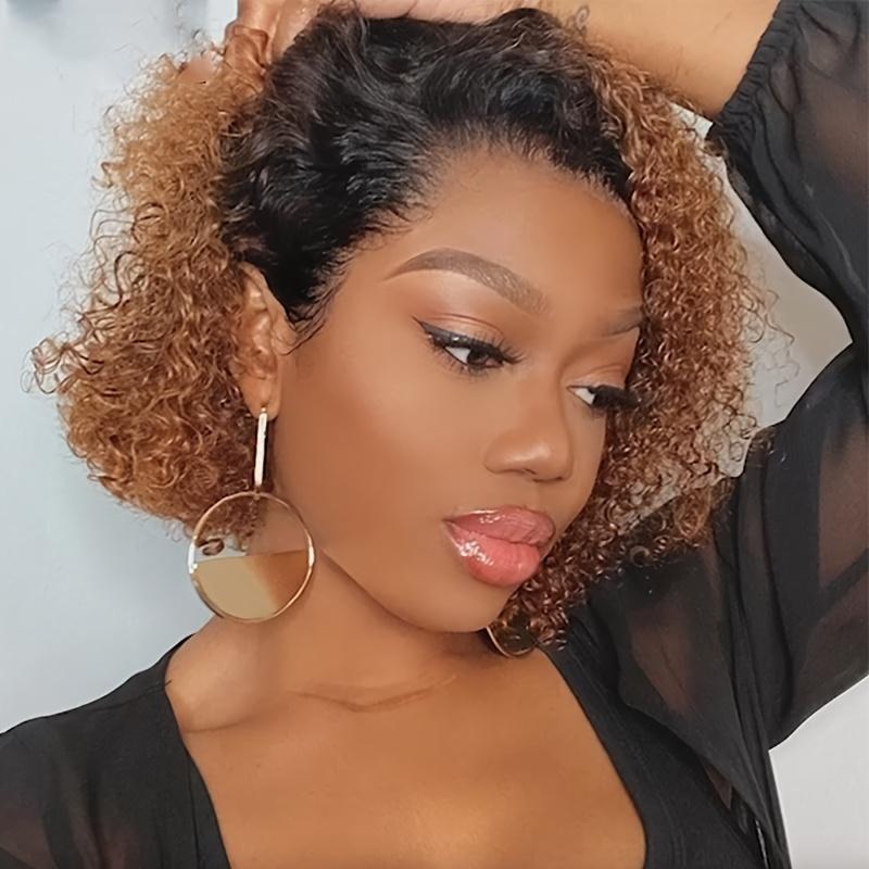 Fashion Brazilian Remy 180% Jerry Curly Short Pixie Bob Cut Human Hair Wigs - Highlight Kinky Curly Wigs For Women