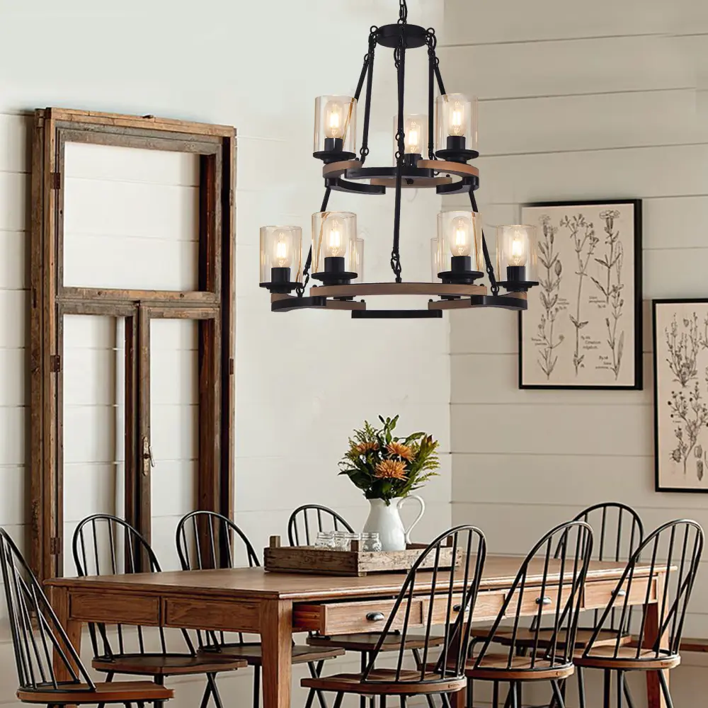 9-Light Vintage Wagon Wheel Pendant Chandelier, Rustic Farmhouse Iron & Wood Black Indoor Ceiling Light Fixture, Industrial Hanging Lamp with Adjustable Chain & Even Glow, Large Round Lighting for Dining Room, Living Room Decor