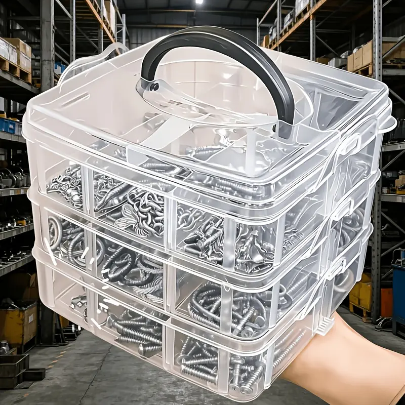 GJANSH 3-Tier 18-Grid Transparent Storage Box with Lid And Handle, Transparent Tool Organizer, Suitable for Screws, Nuts, Bolts Classification And Storage Tool Box