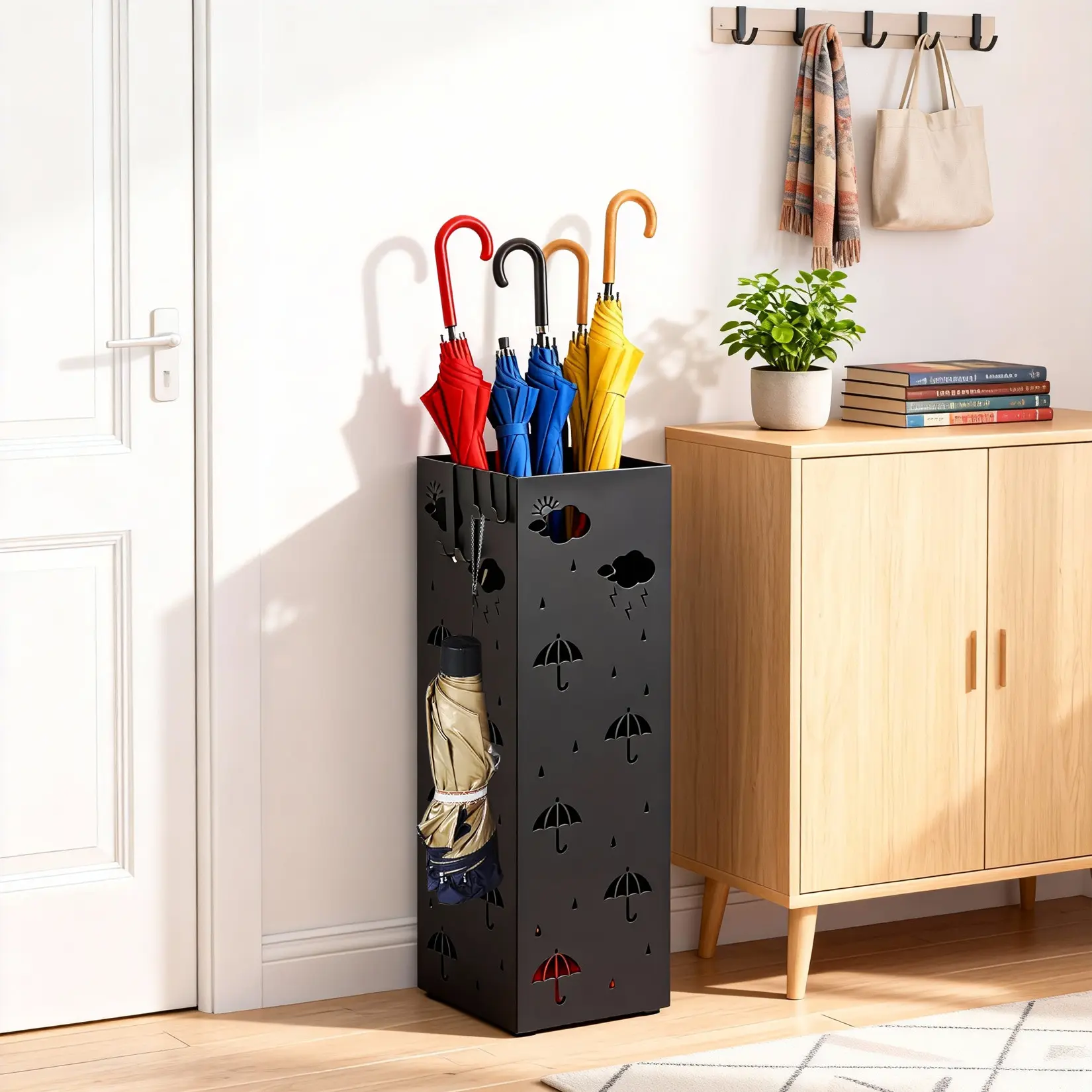 Square Metal Umbrella Stand for Entryway – Freestanding Storage Rack with Removable Drip Tray & 4 Hooks, Durable Cold-Rolled Steel, Umbrella Design, Space Saving Organizer for Umbrellas