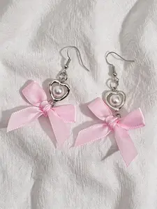1 Pair Romantic Pink Ribbon Bow Heart Pearl Dangle Earrings, Sweet Style, Ideal for Parties & Gifting