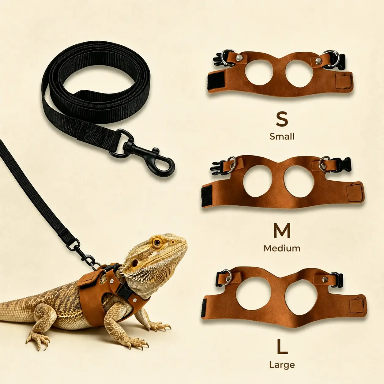 Adjustable Reptile Harness and Leash Set for Bearded Dragons – 3-Piece Soft Microfiber Suede Design with Secure Hook-and-Loop Closure, No-Pull Outdoor Training Support, Universal PE Leads, Full-Body Protection, Comfort-Fit Sizing for Large Lizards