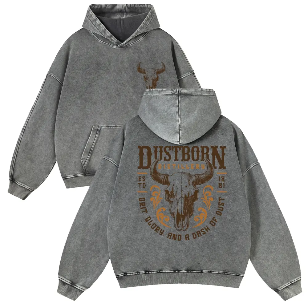 Vintage Bull Skull Graphic Hoodie Oversized Heavyweight Acid Wash Sweatshirt, Unisex Western Retro Rodeo Streetwear Hooded Top