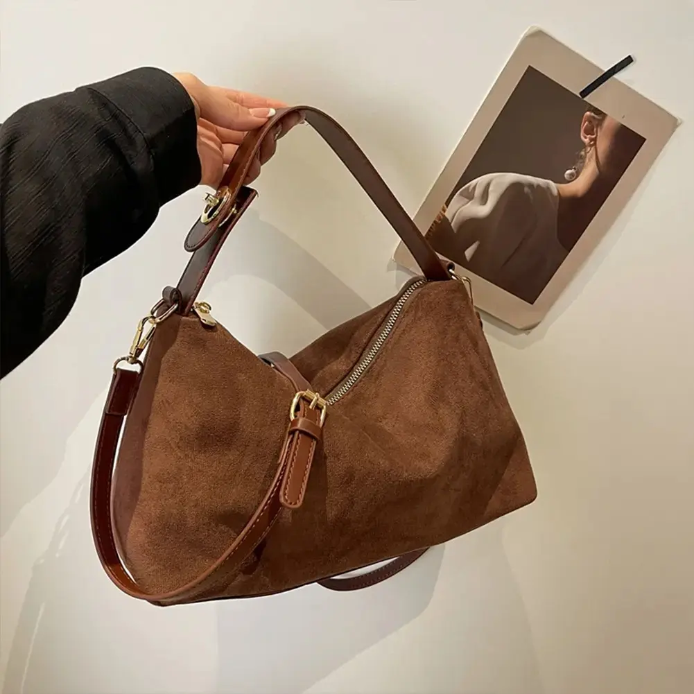 Vintage Brown Faux Suede Hobo Crossbody Bag for Women, Large Capacity Casual Shoulder Tote with Adjustable Strap, Zipper Closure Daily Commute Work Handbag, Retro Soft Everyday Purse for Shopping Office