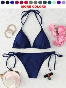 Women's Solid Ruched Bikini Set, Tie Back Halter Triangle Swim Top & Tie Side Swim Bottom, Ladies Summer Swimwear Sets for Beach Holiday Vacation