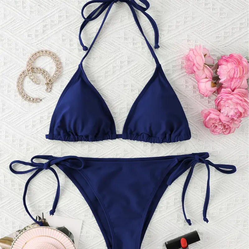 Women's Solid Ruched Bikini Set, Tie Back Halter Triangle Swim Top & Tie Side Swim Bottom, Ladies Summer Swimwear Sets for Beach Holiday Vacation Bikinis Set