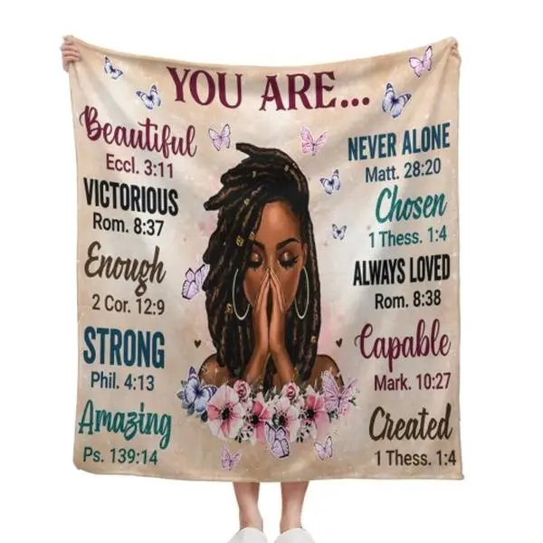 Beige Soft Base Praying Black Woman Dreadlocks Floral Butterfly Bible Verse Positive Affirmation Flannel Throw Blanket Christian Faith Self Love Inspirational Religious African American Woman Spiritual Gift 30*40in 40*50in Hand Knitted Chunky Chenille