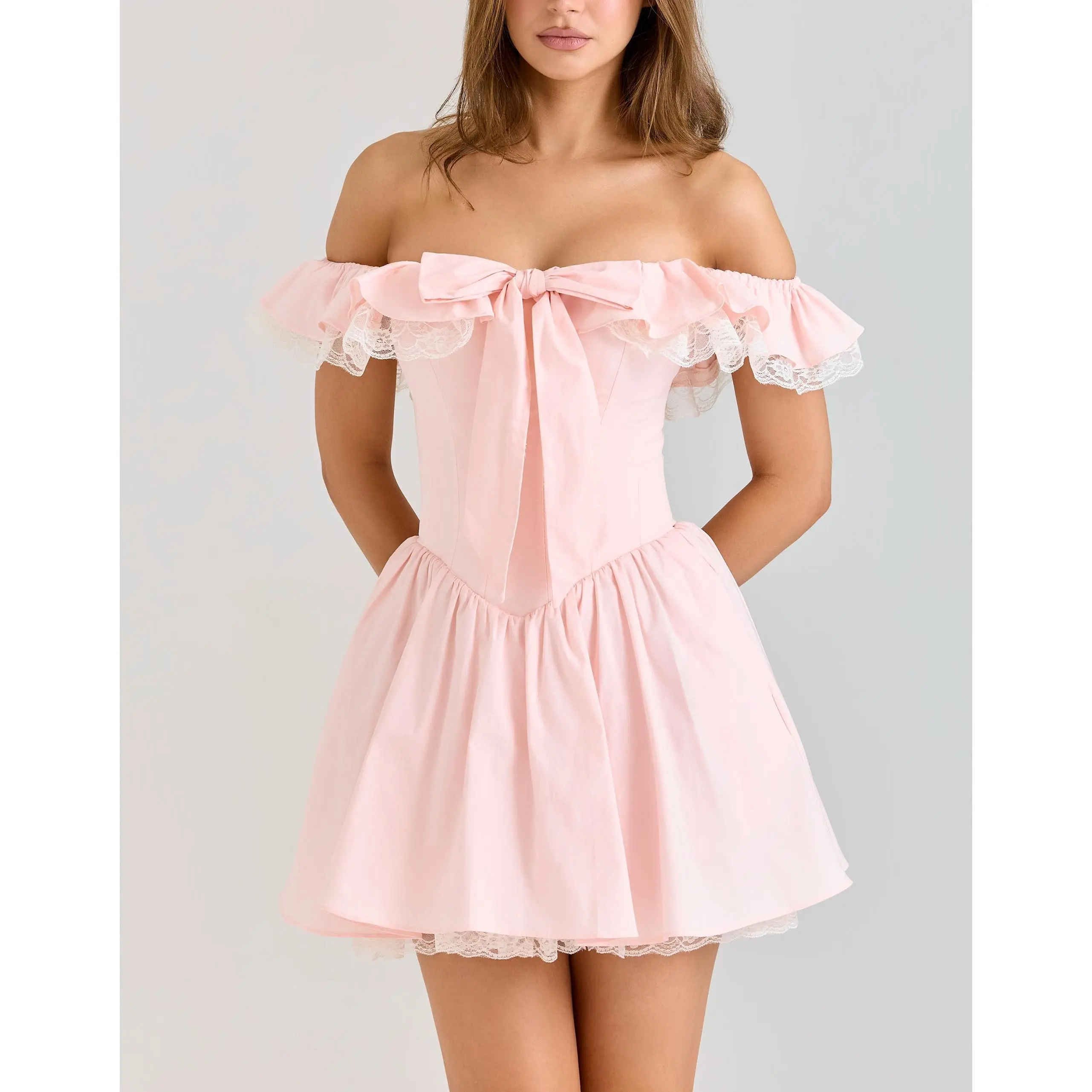 Women Off Shoulder Bow Corset Mini Dress, Ruffle Lace Trim Flared A Line Short Dress, Romantic Floral Summer Party Dress