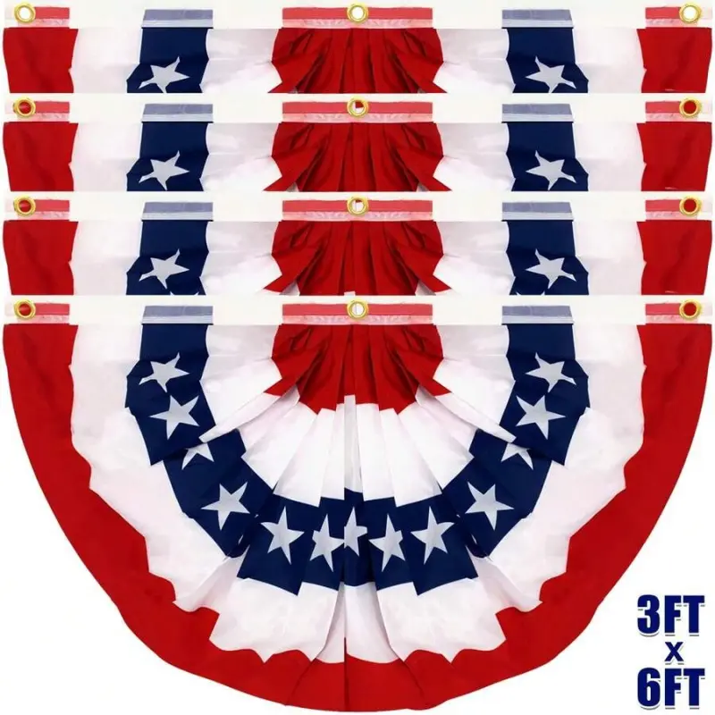 Fan-Shaped Patriotic Half-Fan Pleated American Flag Party Banner - Art Deco Plaid Design, 2/4-Piece Sets, 2x4/3x6 Ft Sizes, for Patios/Gardens, Business & Patriotic Holiday Decor