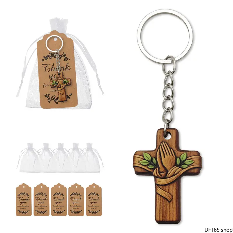 Religious Keychain Charm With Praying Hands And Cross Sculpture Polished Resin Wood Texture Sturdy Split Key Ring Compact Light Size For Party Favor Holiday Gift Faith Themed Daily Commemorative Decorative Bag Accessory