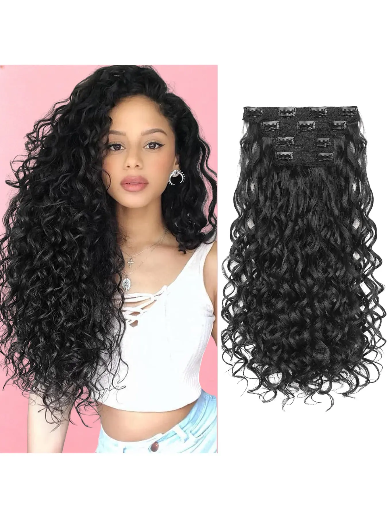 Curly Hair Extensions, Synthetic Hair 4PCS 20 inch Clip in Hair Extensions Lace Weft Short Curly Extensions Clip Ins Invisible Natural Hairpieces for Women