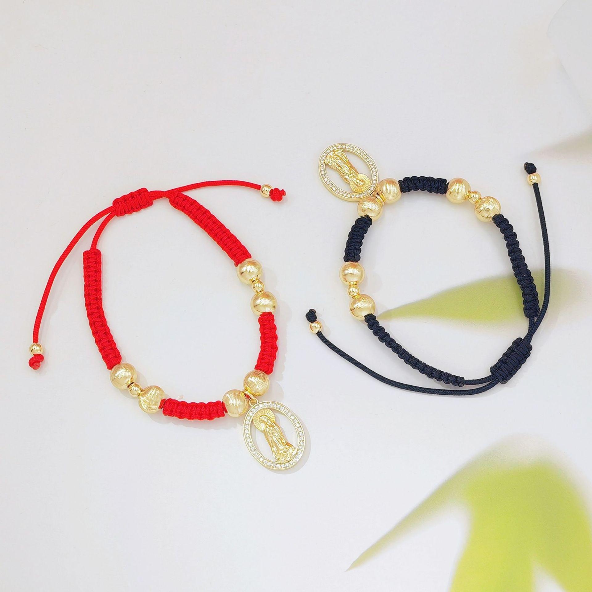 Cubic Zirconia Virgin Mary Red Rope Bracelet, Handmade Braided Adjustable Design with Gold Beads, Religious Inspired Jewelry for Women, Perfect for Daily Wear, Party & Spiritual Gift Giving