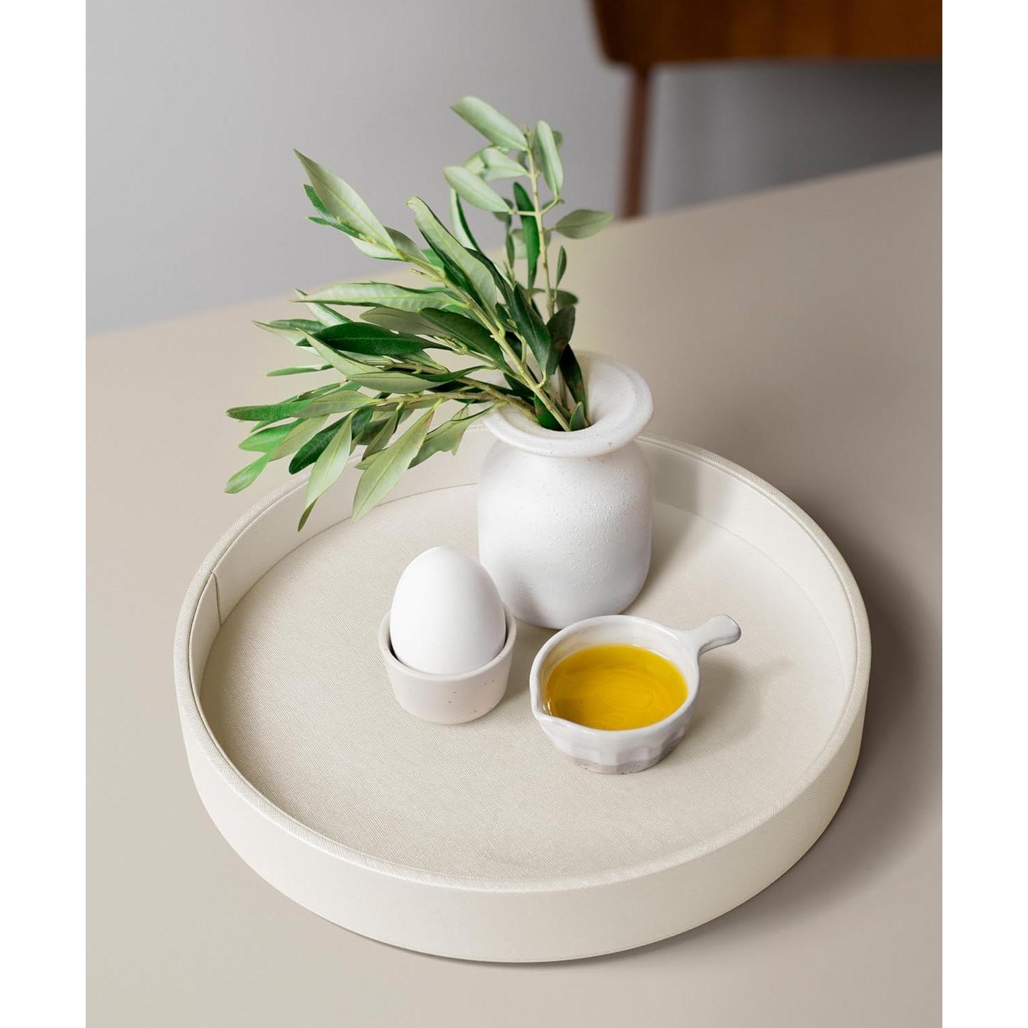 12.6 Inch Round Serving Tray,  Decorative LeatherOttoman Wooden Decor Platter Bathroom Vanity Tray for All Occasions Anti Slip White