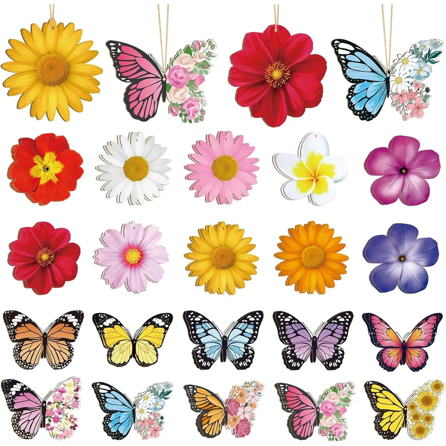 40 Pcs Spring Flower Butterfly Ornaments Decoration 20 Styles Wood Flower Butterfly Cutouts Ornament for Home Crafts Hanging Summer Birthday Wedding Party Decorations