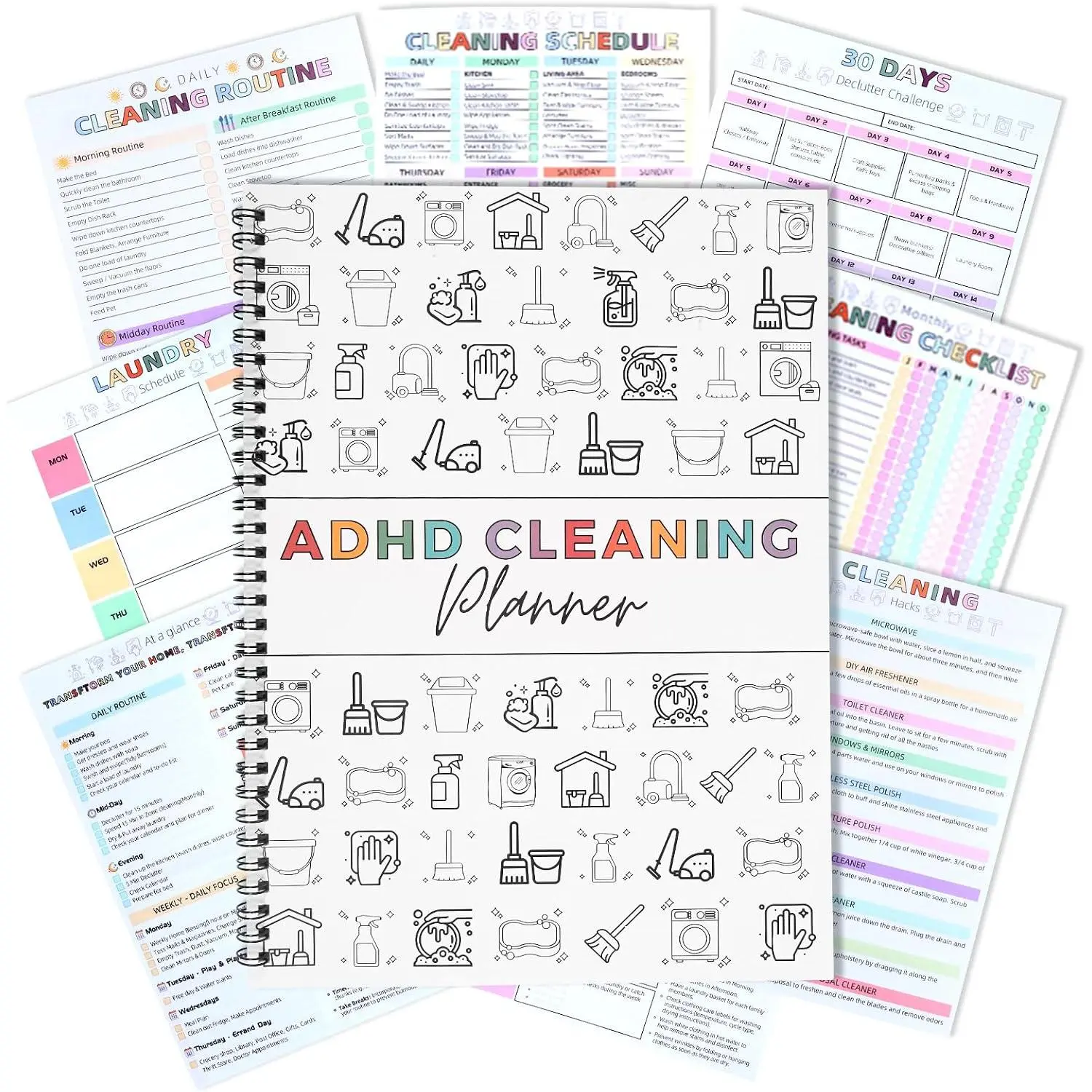 Household Cleaning Planner - Editable Template with Daily/Weekly/Monthly Schedule, Checklist Organizer, Chore Chart Notebook for Families, DIY Use, Planner Format with Printed Pages