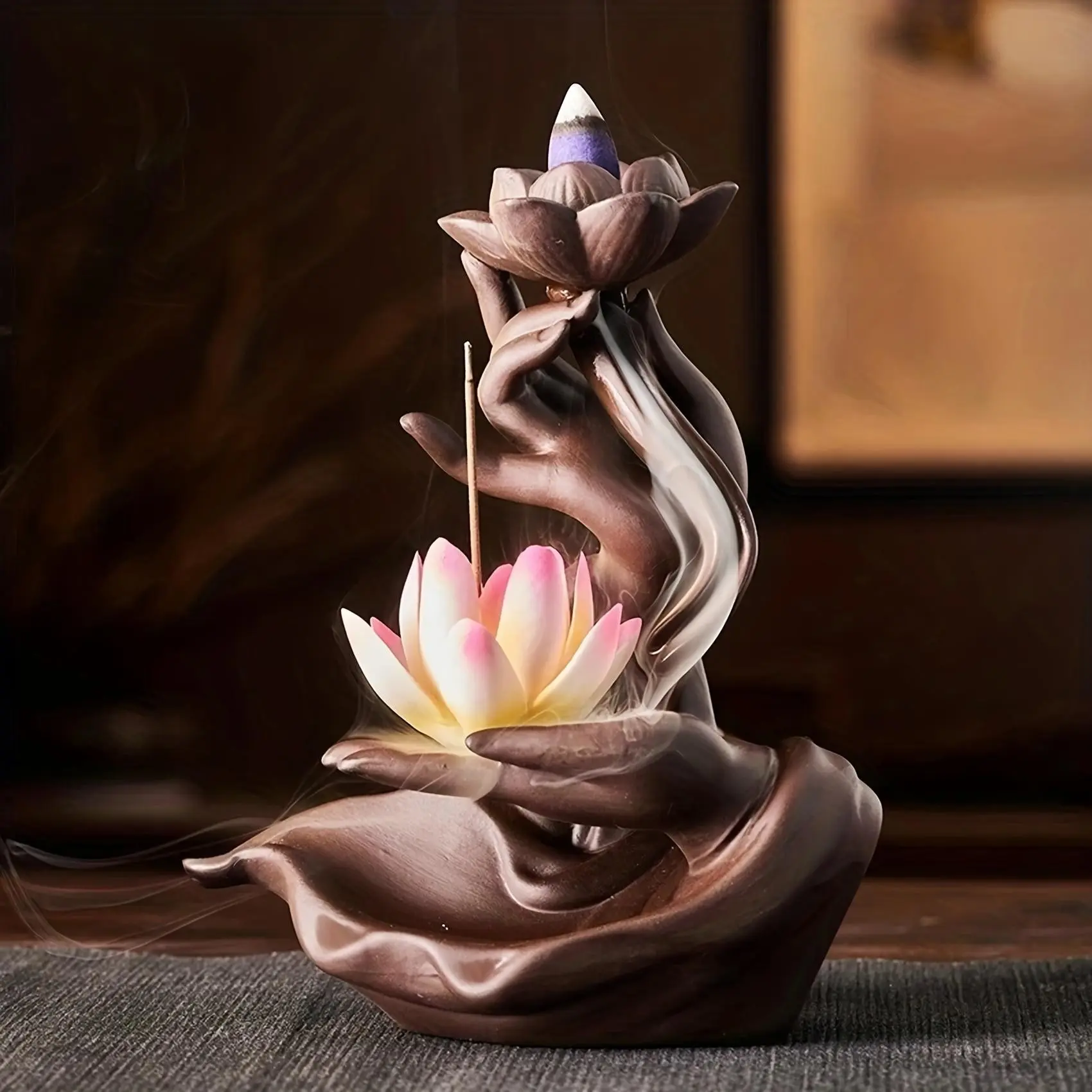 Hand Shape Backflow Incense Burner, Colorful Lotus Mini Waterfall Smoke Holder, Incense Holders, Aromatherapy Desktop Ornament, Creative Decor for Home Office