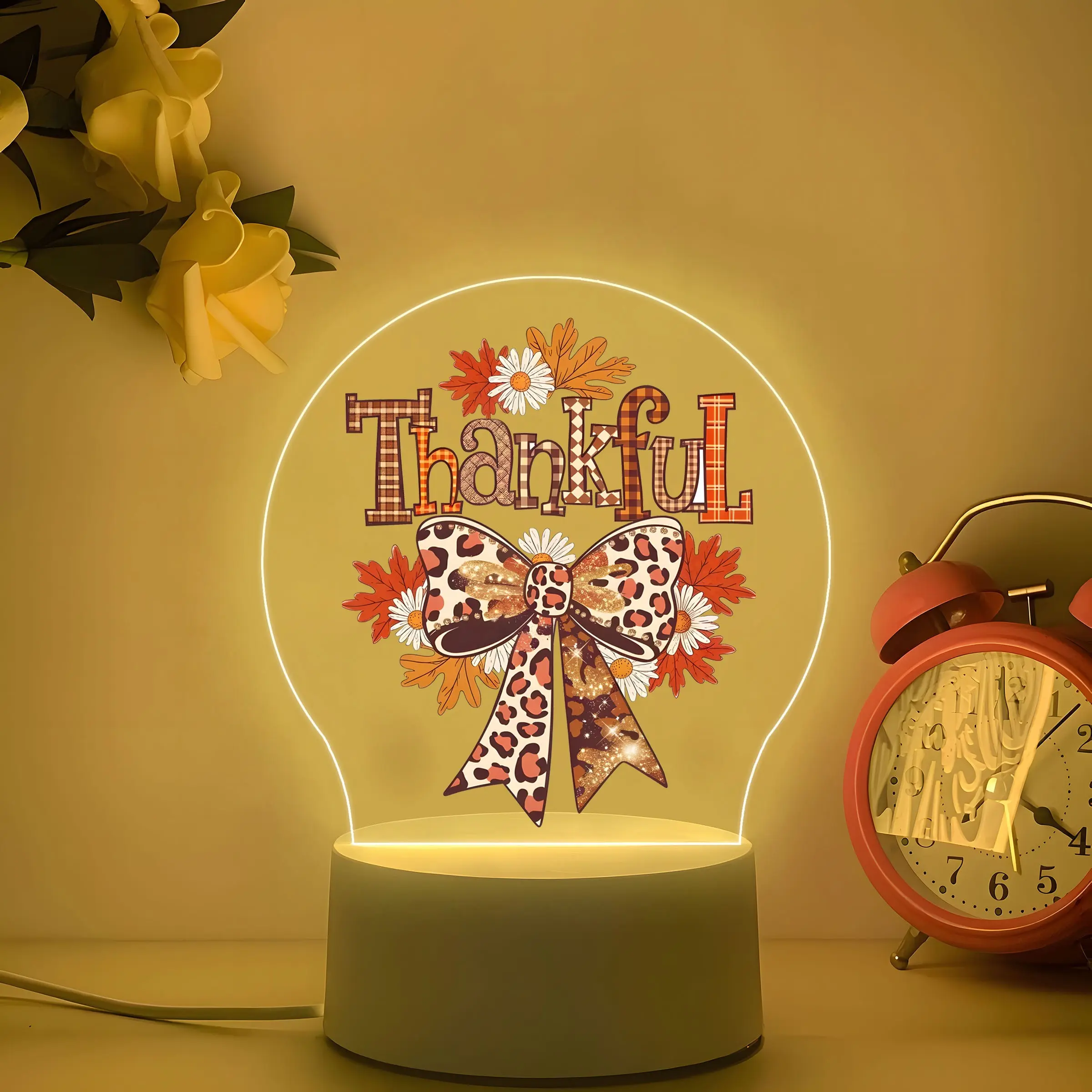 Thankful Leopard Plaid Bow Fall Acrylic Night Light, Maple Leaf Daisy Harvest LED Desk Lamp, Farmhouse Thanksgiving Bedroom Decor Gift